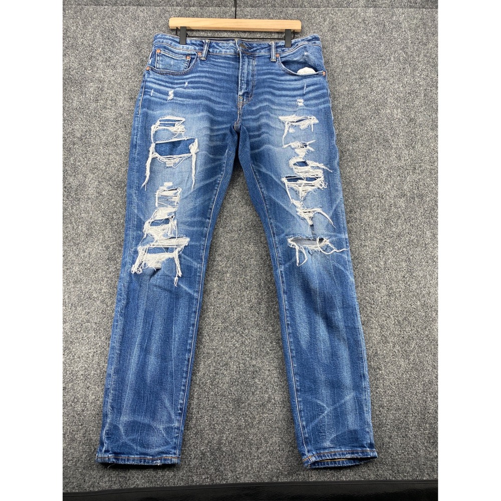 American Eagle Skinny Jeans Men 34x32 Blue Distressed Ripped Stretch Denim Pants